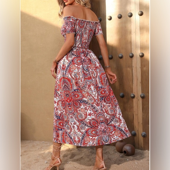Boho Paisley Off Shoulder Split Thigh Dress - Picture 2 of 6